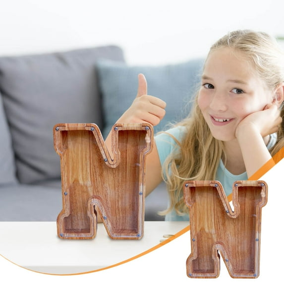 SPOORYYO Eco-Friendly Wooden Letter Money Box with Transparent Front - Perfect for Kids' Savings, Birthday Gifts, Baptism Souvenirs, and Home Decor