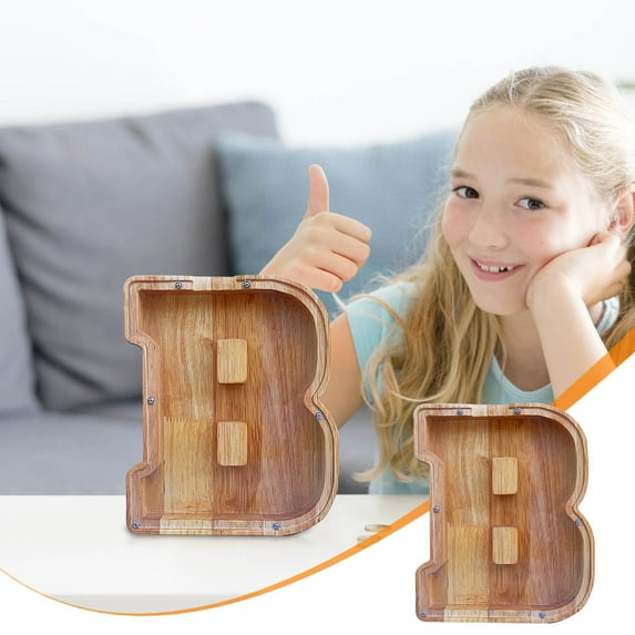 SPOORYYO Eco-Friendly Wooden Letter Money Box with Transparent Glass Front, Perfect for Kids' Savings, Birthday Gifts, and Home Decor