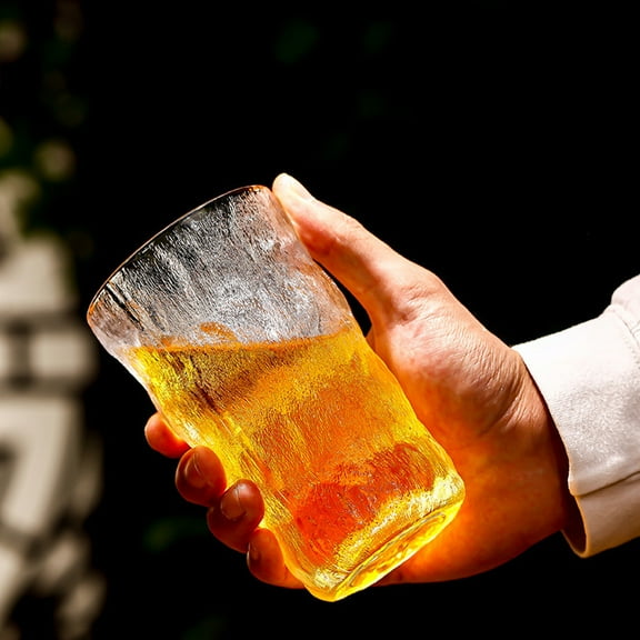 SPOORYYO Glacier Textured Glass Cup, Vintage Inspired Design, Crystal Clear Finish, Two Sizes Available, Versatile for Juice Tea Beer, Handcrafted Uniqueness