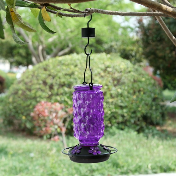 SPOORYYO Glass Hummingbird Feeder (Red/Purple/Blue) - 5 Feeding Ports, Wide Mouth for Easy Filling/Cleaning, Hanging Outdoor Feeder for Garden Backyard Decor (1 Piece)