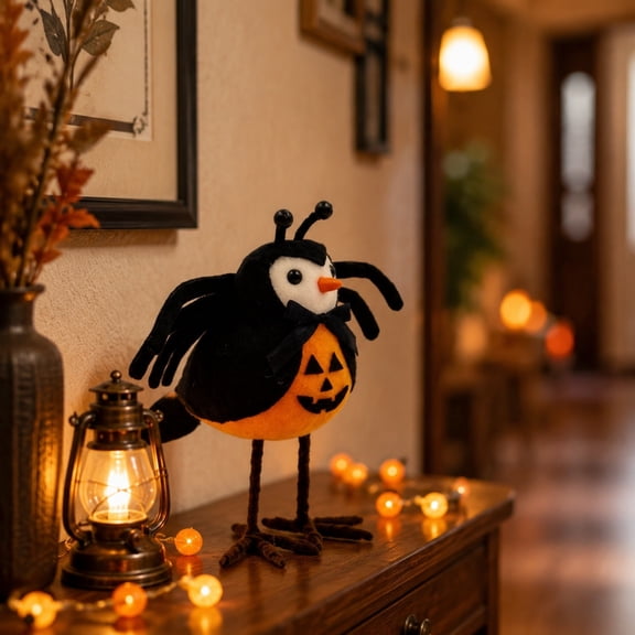 SPOORYYO Halloween Pumpkin Belly Bird Figurine with Spooky Wings - Foam Tabletop Decor for Home Mantel Shelf and Party