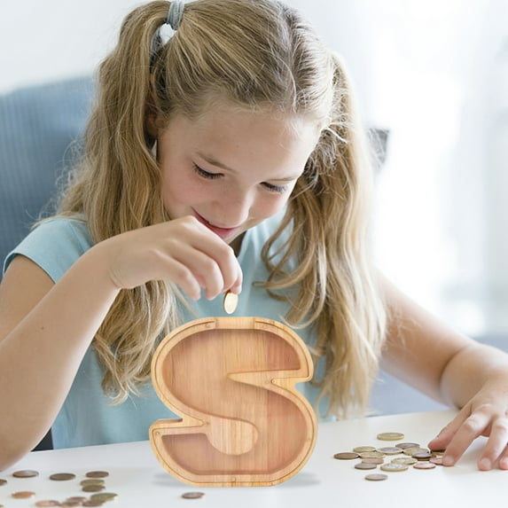 SPOORYYO Handcrafted Personalized Wooden Name Money Box - 26 English Letters, Transparent Glass Front, Eco-Friendly Kids' Bank for Home Decoration and Gifts