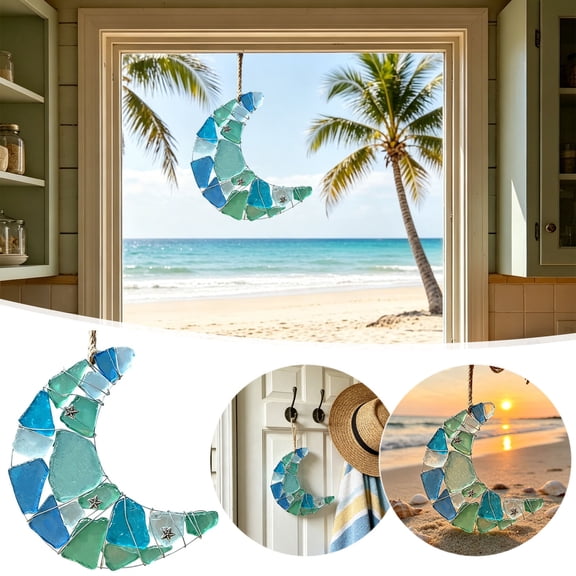 SPOORYYO Handcrafted Sea Glass Suncatcher Crescent Window Ornament with Star