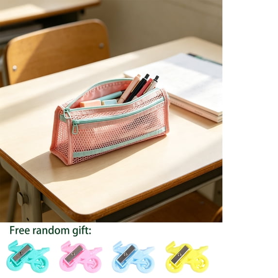SPOORYYO Lightweight Clear Mesh Pencil Case, Double Layer Large Capacity Pen Holder, Clear Pencil Box for Desk Organizer, Cosmetics, Office & College Use, Pink