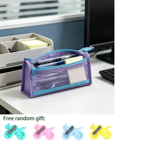 SPOORYYO Lightweight Clear Mesh Pencil Case, Double Layer Large Capacity Pen Holder, Clear Pencil Box for Desk Organizer, Cosmetics, Office & College Use, Purple