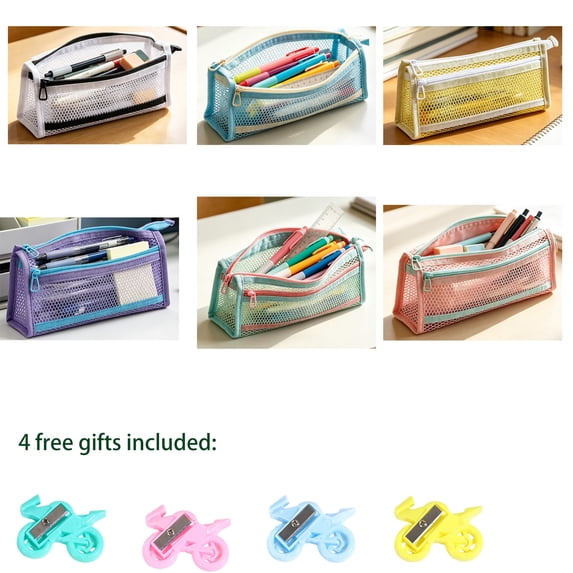SPOORYYO Lightweight Clear Mesh Pencil Case, Double Layer Large Capacity Pen Holder, Clear Pencil Box for Desk Organizer, Cosmetics, Office & College Use, Set of 6