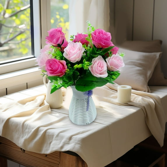 SPOORYYO Mother's Day Rose Simulation Bouquet (6-Head Large Bundle), Plastic Artificial Flowers (Beige/Red/Orange/Pink/Blue, 38x10x8cm), Living Room Dining Table Ornament, 1Pcs