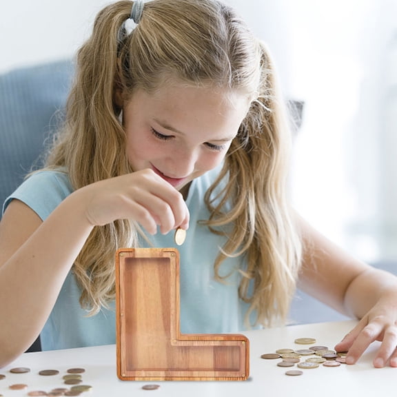 SPOORYYO Personalized Wooden Name Money Box - Handcrafted 26 English Letters, Transparent Glass Front, Eco-Friendly Kids' Bank for Home Decoration and Gifts