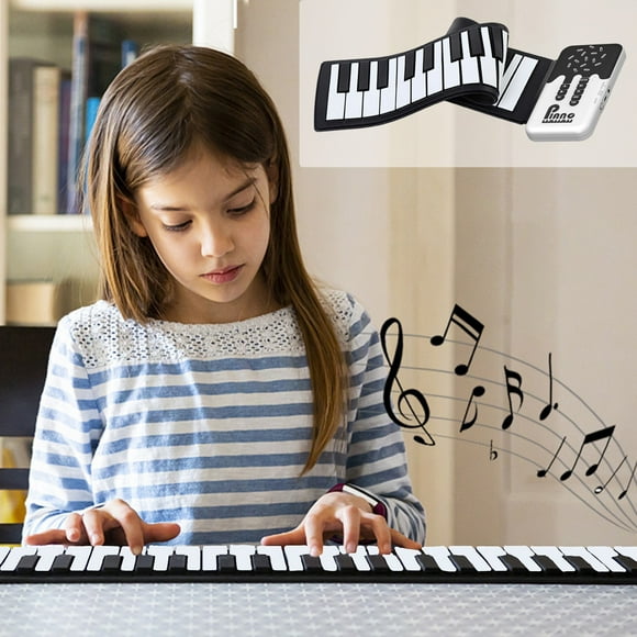 SPOORYYO Portable 49-Key Hand Rolled Piano Keyboard, Folding Soft Elastic Reel Design, Built-In Headphone Port, Ideal for Beginners and Kids, White