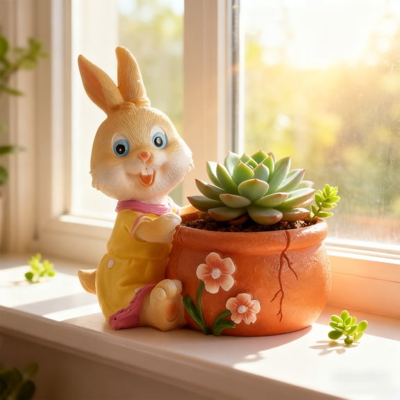 SPOORYYO Rabbits Flower Pot Ornament, Hand Painted Festive Table Centerpiece, Holiday Mantel Shelf Window Display, Cheerful Red Outfit Figurine, Gift Box Ready Present for Celebration