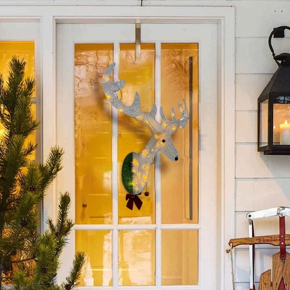 SPOORYYO Reindeer Head Wreath With Ironwork Antlers Light-Up Christmas Wall Decoration For Outdoor Use Glowing Ornament Perfect For Holiday Decorating