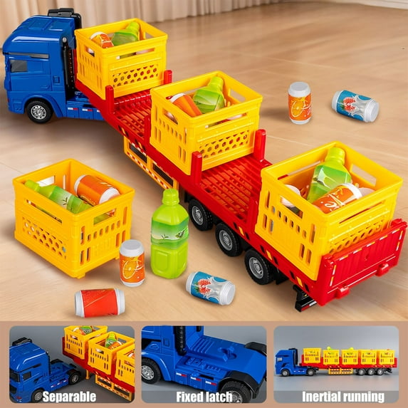 SPOORYYO Simulation Trailer Truck Model, Inertial Powered Transport Vehicle with Detachable Container and Realistic Food Accessories for Interactive Play