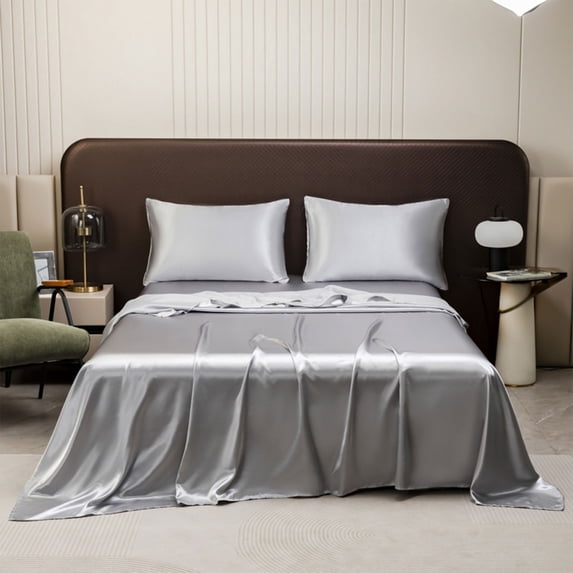 SPOORYYO Solid Color Satin Bed Sheet, 270x246cm Luxury Soft Silky Feel Fitted Sheet, Easy Care Washable Wrinkle Resistant Bedding