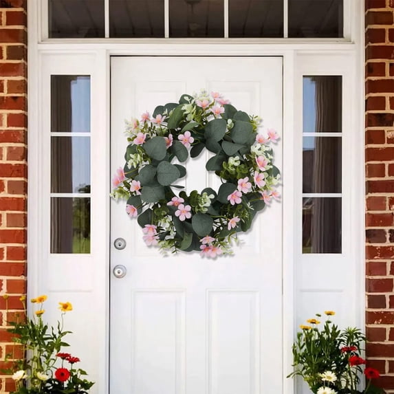 SPOORYYO Spring Eucalyptus Wreath with Mini Blooms, Cheerful Front Door Wall Accent, Everyday Party Backdrop Prop