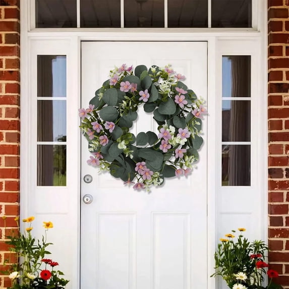 SPOORYYO Spring Eucalyptus Wreath with Mini Blooms, Cheerful Front Door Wall Accent, Everyday Party Backdrop Prop