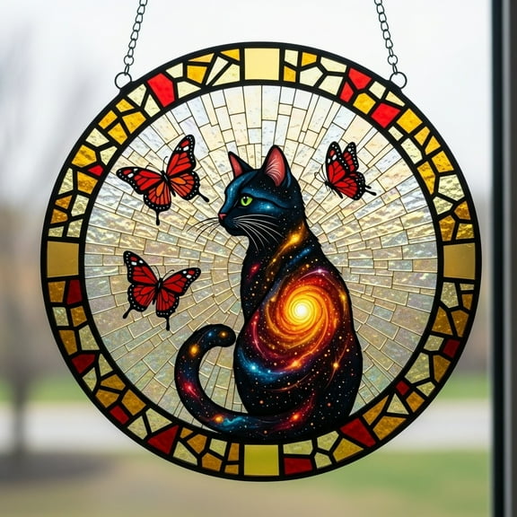SPOORYYO Stained Glass Window Hanging, Cat Theme Sun Catcher Ornament for Home and Window Decor