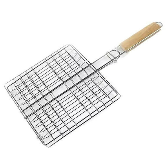 SPOORYYO Stainless Steel BBQ Clip with Wooden Handle - Multi-Functional Grill Tool for Outdoor Cooking of Fish, Bread, and Meat - Easy to Use and Clean