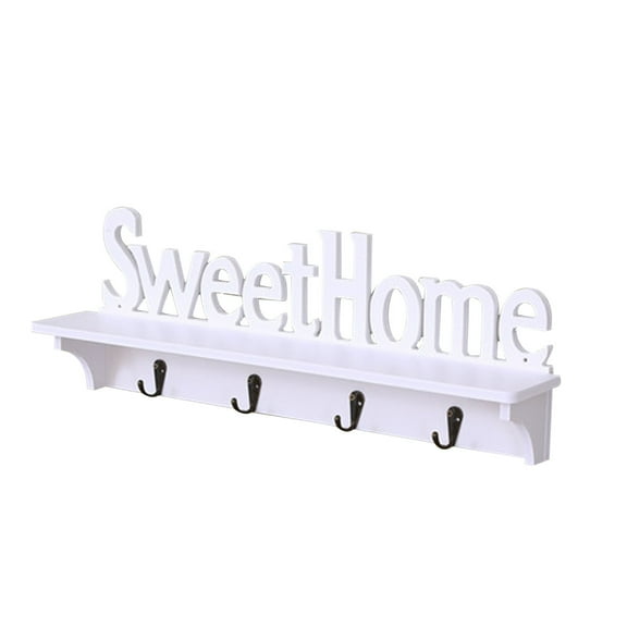 SPOORYYO Sweet Home Style 4-Hook Wall Storage Shelf with Sweet Decorative Touch for Keys, Scarves, and More - Easy to Mount White PVC Organizer Rack