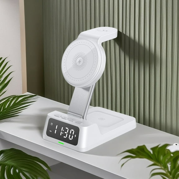 SPOORYYO Wireless Charging Station with Digital Alarm Clock, 15W Fast Charger Stand for Multiple Devices, Compatible with iOS and Android