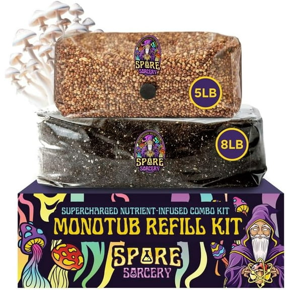 SPORE SORCERY 13 LB Monotub Refill Kit | Includes: 5 LB Sterilized Milo Sorghum Grain Spawn & 8 LB Premium CVG Bulk Substrate | Nutrient-Enhanced, Just Add Your Own Spores & Grow Like Magic