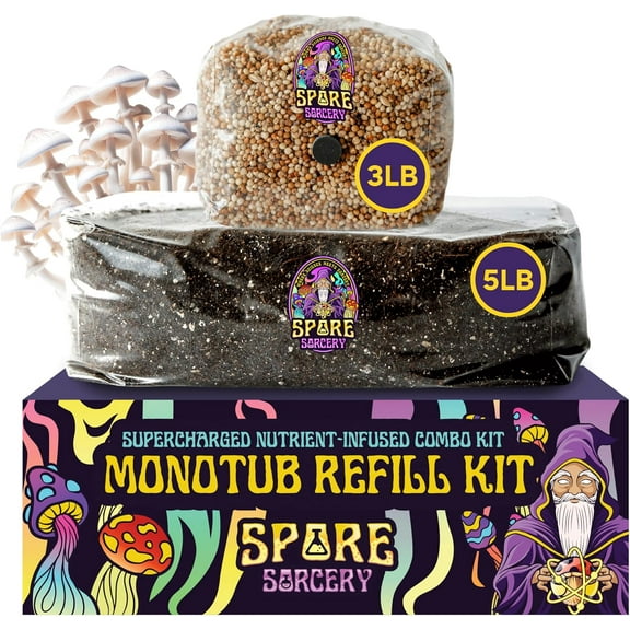 SPORE SORCERY 8 LB Monotub Refill Kit | Includes: 3 LB Sterilized Milo Sorghum Grain Spawn & 5 LB Premium CVG Bulk Substrate | Nutrient-Enhanced, Just Add Your Own Spores & Grow Like Magic