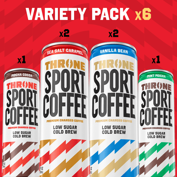 Throne SPORT Coffee Low Sugar Cold Brew Coffee Variety Pack, 6 Pack (11 fl oz Cans), Premium Charged Coffee, High Caffeine, Ready-to-Drink RTD Coffee