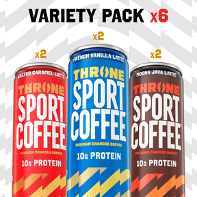 Throne SPORT Coffee Low Sugar Latte Coffee Variety Pack, 6 Pack (11 fl oz Cans), Premium Charged Coffee, High Caffeine, Ready-to-Drink RTD Coffee