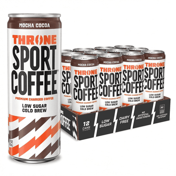 Throne Sport Coffee Cold Brew Mocha Cocoa, 150mg Caffeine, B Vitamins, Dairy-Free, Low Sugar Coffee Drink, NSF Certified, 12 Pack