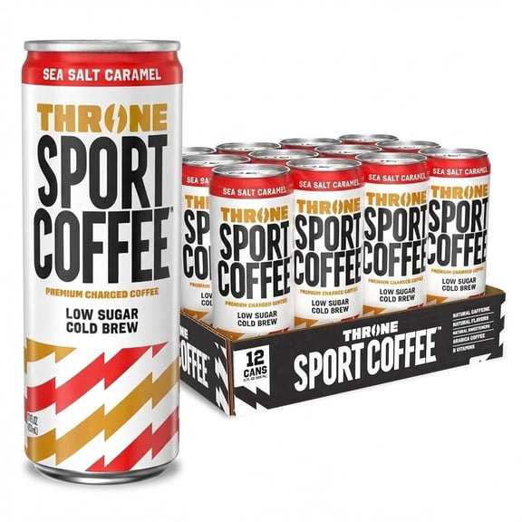 Throne Sport Coffee Cold Brew Sea Salt Caramel, 150mg Caffeine, B Vitamins, Dairy-Free, Low Sugar Coffee Drink, NSF Certified, 12 Pack