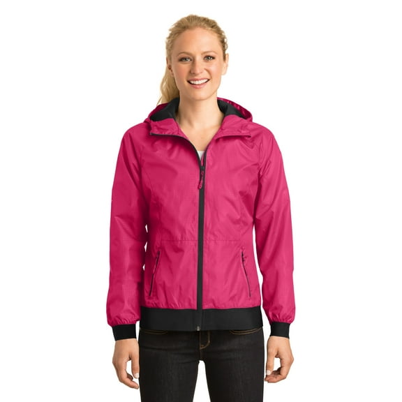 SPORT-TEK Ladies Embossed Hooded Wind Jacket XL Pink Raspberry/Black