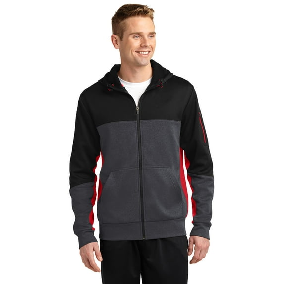 SPORT-TEK Men's Tech Fleece Colorblock XS Black/Graphite Heather/True Red