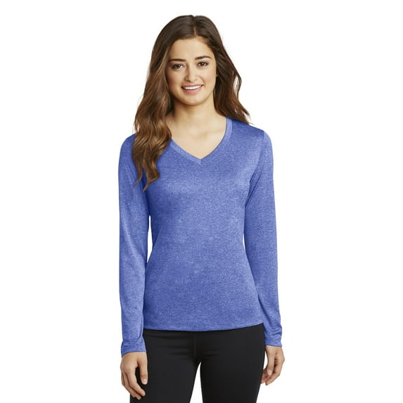 SPORT-TEK Womens Long Sleeve Heather Contender V-Neck Tee True Royal Heather XS