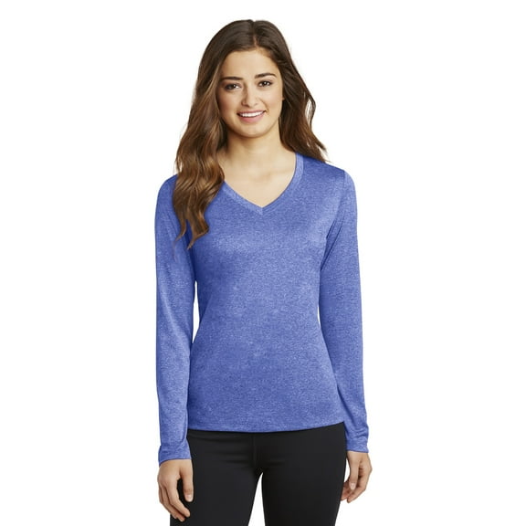 SPORT-TEK Womens Long Sleeve Heather Contender V-Neck Tee True Royal Heather XS