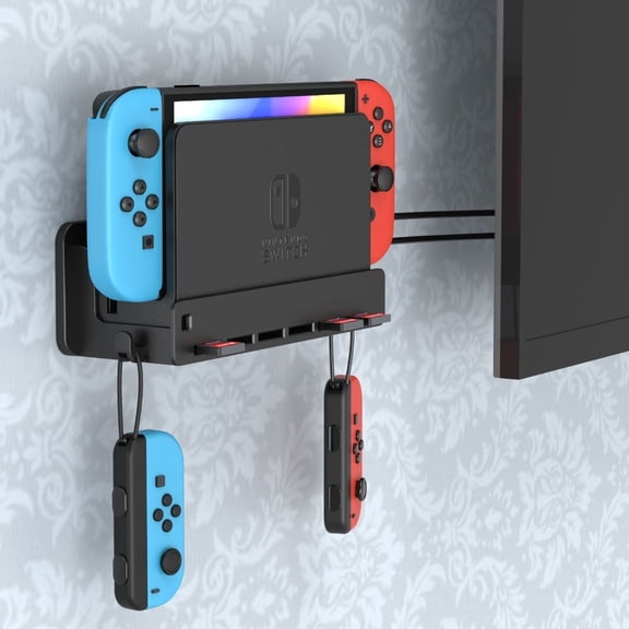 SPORTLINK Wall Mount Kit Shelf Stand Accessories for Nintendo Switch & Switch OLED with 6 Slots and 2 Hook - Black