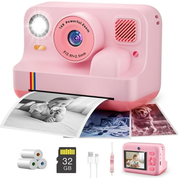 SPORTS JOY Instant Print Camera for Kids,Christmas Birthday Gifts for Girls Boys Age 3-12,1080P HD Selfie Portable Digital Video Camera with 32GB SD Card,3-Colored Print Paper（Pink）