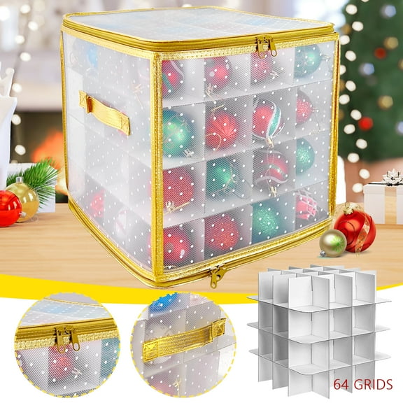 SPORTS JOY PVC Christmas Ornament Storage Box, 64 3.15" Square Grids, Waterproof, Load Capacity 330lb+, Clear Christmas Tree Ball Organizer with Hardpaper Divider, Handles (Glod)