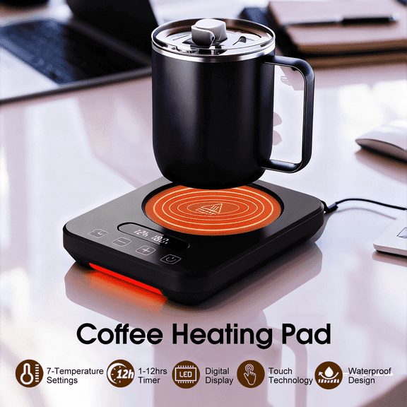SPORTS JOY Smart Heated Coaster Great with Auto Shut Off,7 Temperature Settings | 1-12H Timer,Coffee Mug Warmer with Display,Coffee Warmer Plate for Coffee,Beverage,Milk,Tea,Gift (Black)