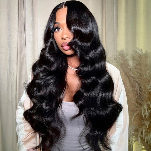 SPOU - Body Wavy Human Hair Wigs for Women, 13x6 HD Transparent Lace Front, Glueless, 200% Density, Pre-styled Wig with Baby Hairs, Natural Black Color, 26inch