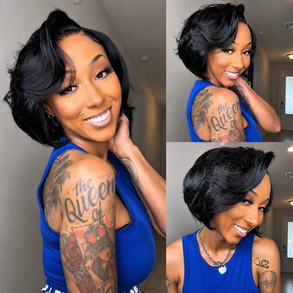 SPOU Short Pixie Cut Wig Human Hair 7X6 HD Lace Straight Wear and Go Glueless Wigs Human Hair 8inch Pre Plucked Pre Cut Short Pixie Wigs for Black Women (Natural Color)