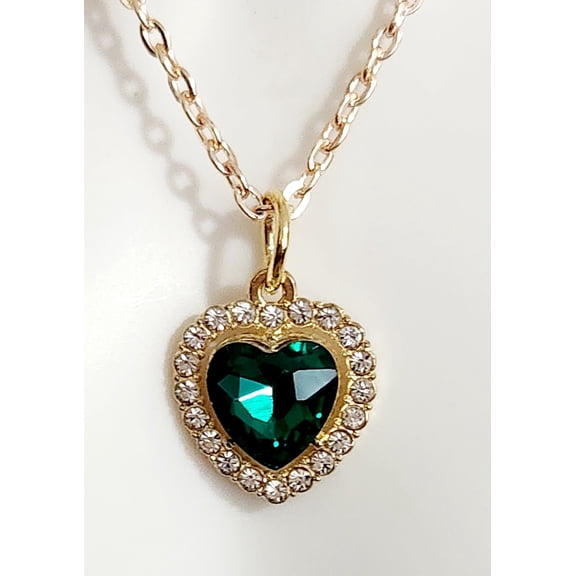 SPPB Green Rhinestone Heart Charm Necklace, 304 Gold Stainless Steel, 16 in