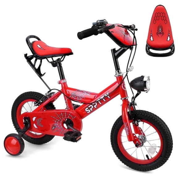12 Inch Kids Bike with LED Lights,Bikes for Boys Girls Training Wheels,Fun Spider Graphics, Red
