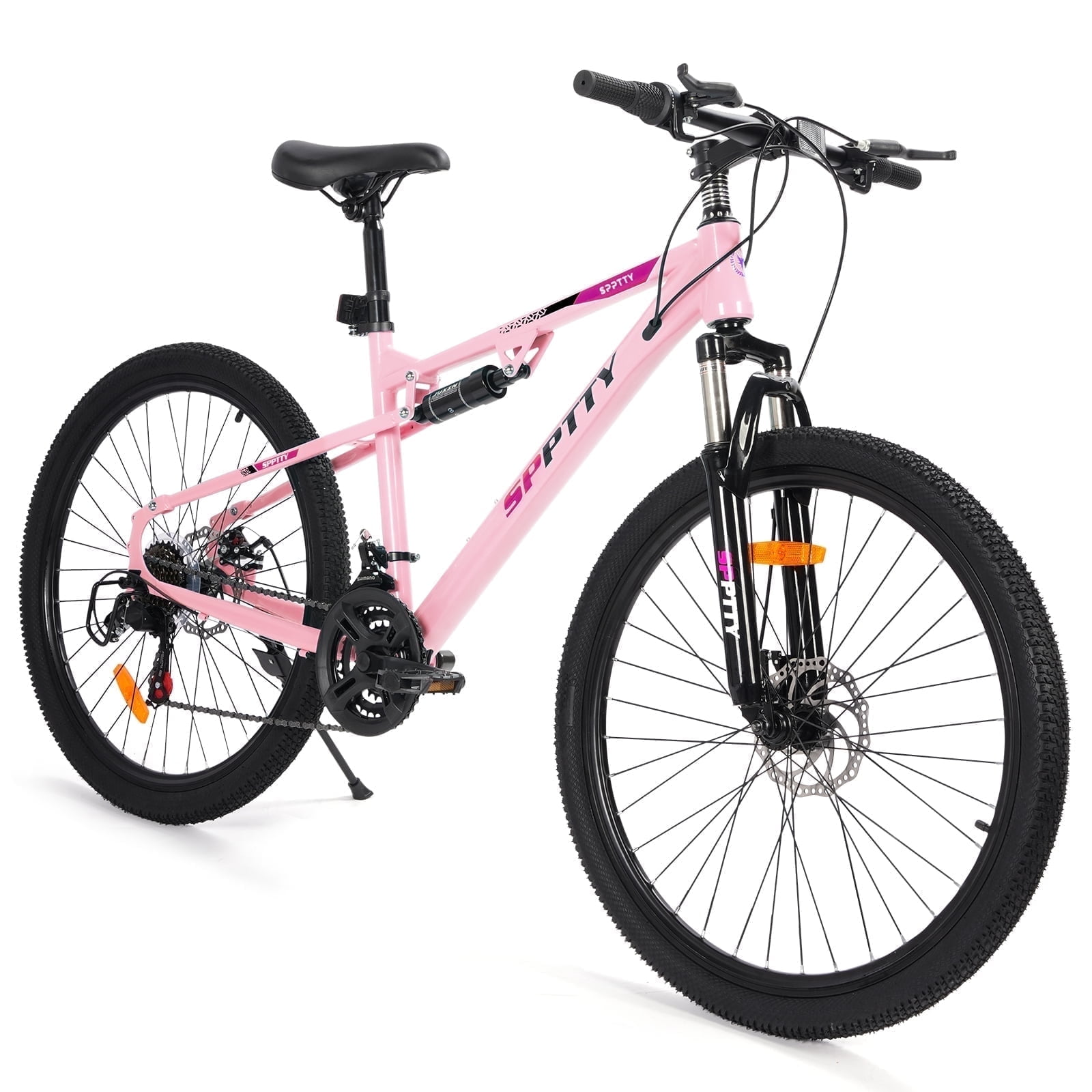 SPPTTY 26" Mountain Bike,Full-Suspension 21 Speed Drivetrain, Disc Brakes,Bicycle for Men Women Rose Gold