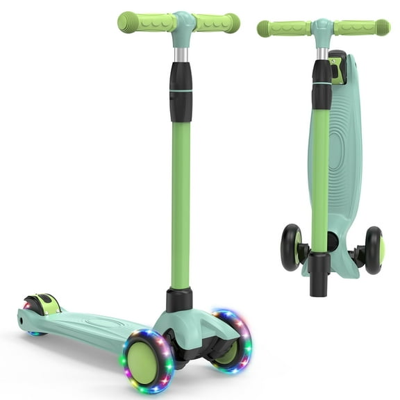 SPPTTY Kick Scooter with 3 LED Lighted Wheels and 3 Adjustable Height Handlebars ,Folding Kids Scooter with Lean-to-Steer & Widen Anti-Slip Deck for Boys/Girls Ages 2-12,Green