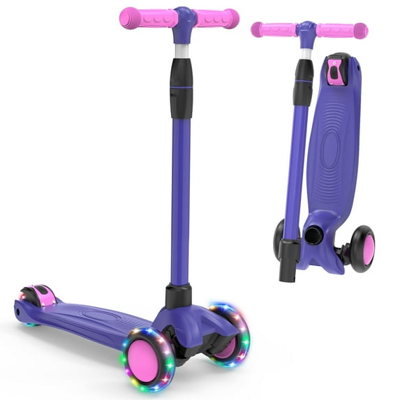 SPPTTY Kick Scooter with 3 LED Lighted Wheels and 3 Adjustable Height Handlebars ,Folding Kids Scooter with Lean-to-Steer & Widen Anti-Slip Deck for Boys/Girls Ages 2-12,Modena