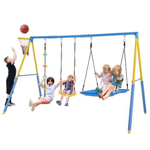 4 in 1 Swing Sets for Outside,kids Metal Swing Set with Saucer Swing,Climbing Rope,Basketball Hoop