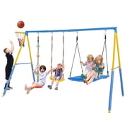 4 in 1 Swing Sets for Outside,kids Metal Swing Set with Saucer Swing,Climbing Rope,Basketball Hoop