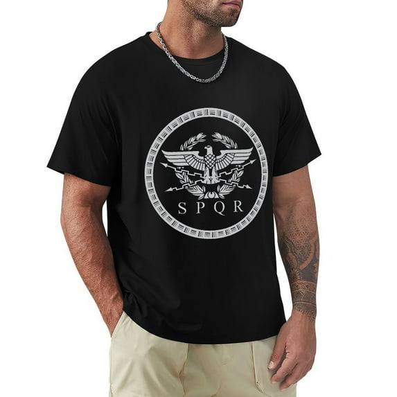 SPQR Men's Cotton Short Sleeve HD Print Tee for Casual T-Shirt Crew Neck Top Black L