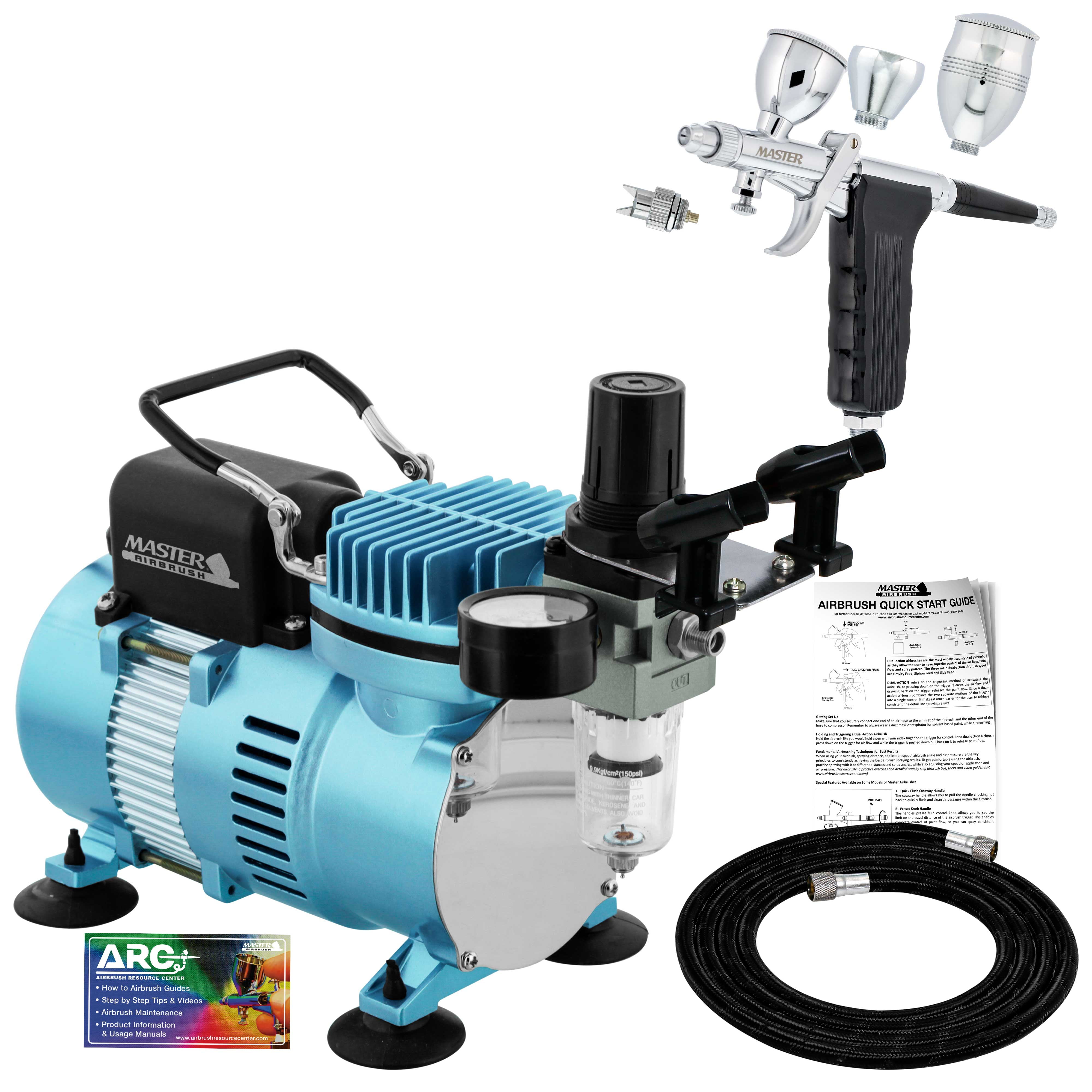 Master Airbrush Model G77 Spray Gun Fan Head, Round Pattern Head Pistol Trigger Airbrush Kit with Cool Runner II Dual Fan Air Compressor, 2 Nozzle Sets (0.3 & 0.5mm), 3 Cup Sizes, Hose