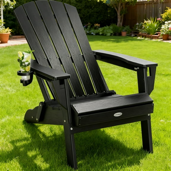SPRCSTAR Folding Adirondack Chair, HDPE Weather Resistant Chair with 3 Adjustable Angles, Cup Holder, and Wood Texture Design, Perfect for Patios, Porch, Garden and Deck