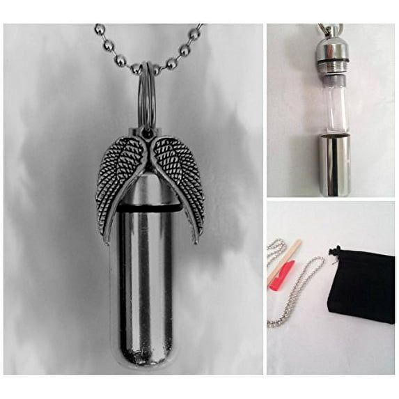 SPREAD ANGEL WINGS CREMATION URN SET with Engraved Heart - Includes Velvet Pouch, Ball-Chain, Fill-Kit, Instructions